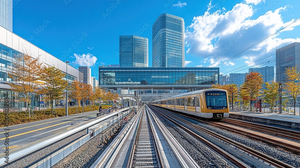 Fototapeta premium Urban train station, modern city, light rail train arriving, pedestrians, sunny day