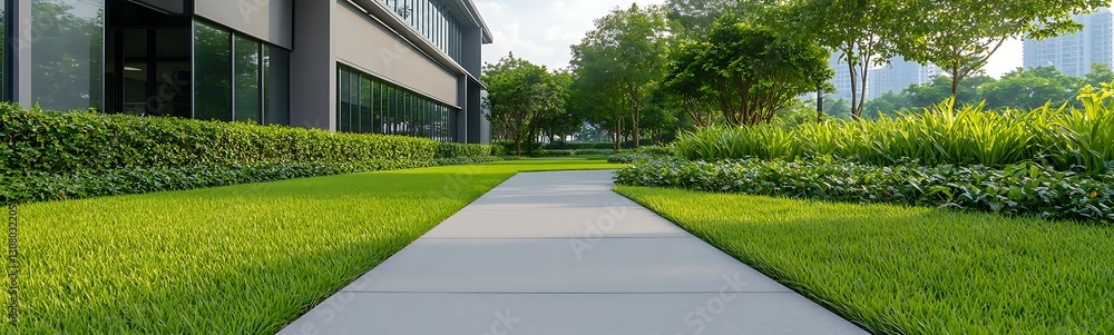 Fototapeta premium Corporate office building with low-rise design, surrounded by landscaped greenery.