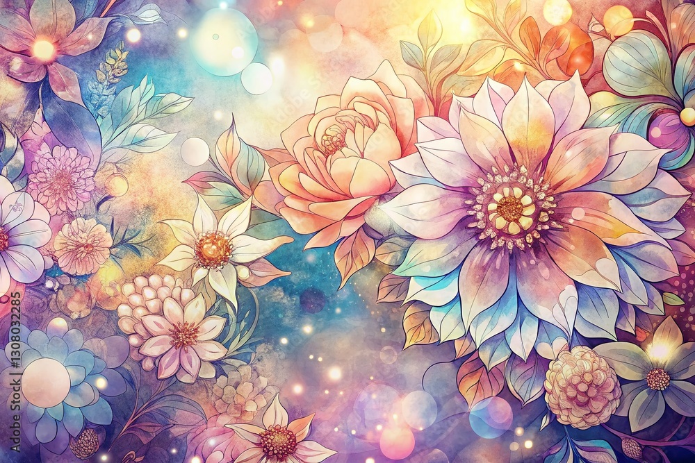 Boho Floral Flat Manga Pattern Background with Soft Bokeh Effect - Stock Photo