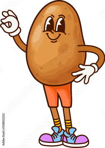 Groovy potato vegetable character on fitness sport, vector funny personage. Groovy potato in retro cartoon with funny face and Ok gesture, in sport shoes on workout training or fitness exercise