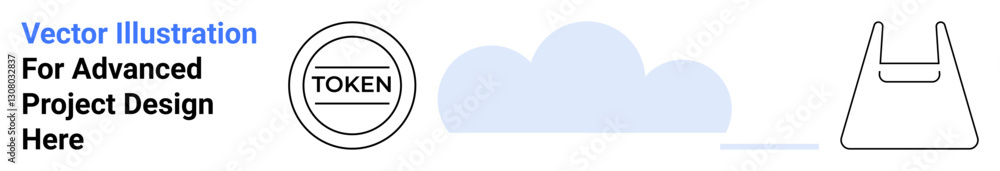 Circular token design with bold text, soft blue cloud element, and shopping bag outline. Ideal for branding, e-commerce, digital currency, cloud storage, minimalism, modern design flat landing page Circular token design with bold text, soft blue cloud element, and shopping bag outline. Ideal for branding, e-commerce, digital currency, cloud storage, minimalism, modern design flat landing page