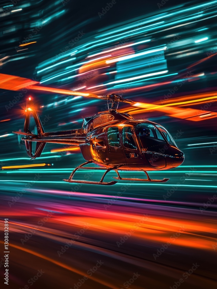 Naklejka premium High-Speed Helicopter Flight Depicted with Streaking Lights and Futuristic Aesthetic