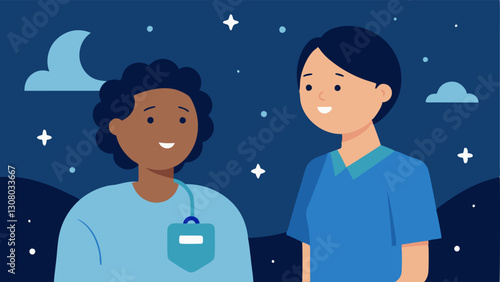 Night Shift Consultation A nightshift nurse in scrubs with a calm expression engaging in a consultation with a patient while surrounded by a starry night background.