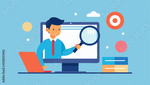 SEO Optimization An illustration of a consultant inspecting a website on a laptop with a magnifying glass symbolizing search engine optimization efforts.