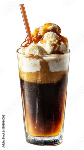 root beer float with ice cream, plastic straw, isolated, transparent, png, background, cutout