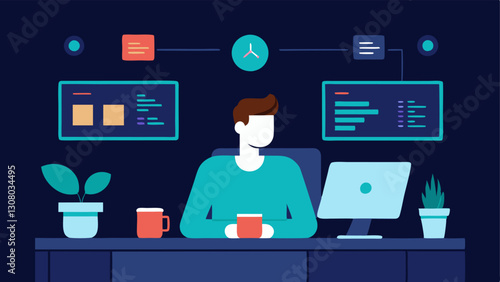 Remote Work Setup A fintech developer working from home equipped with multiple monitors showing code and financial data with a coffee mug and plants around.