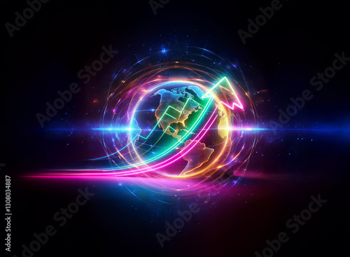 A vibrant double exposure image features a glowing globe encircled by a neon arrow, symbolizing global growth and futuristic technology in a dynamic, colorful display.