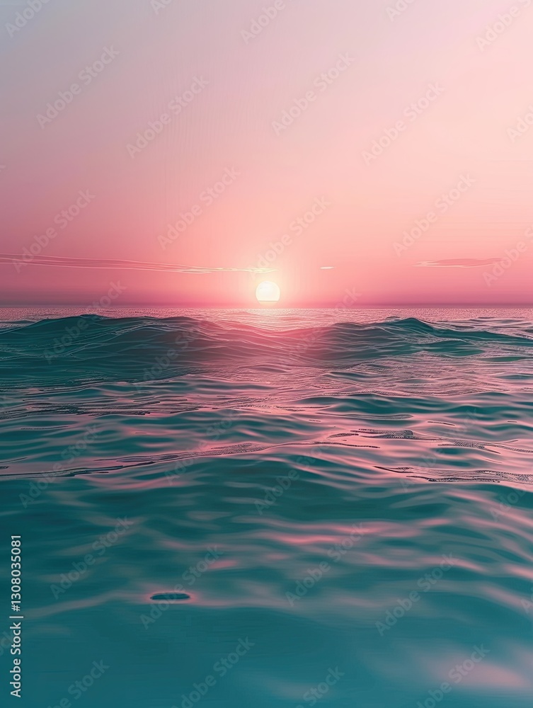 Naklejka premium Tranquil ocean view, Waves under a soft pink and golden sunset glow