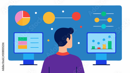 Predictive Analytics A professional looking at a futuristic screen that displays predictive models and forecasts generated by AI with colorful data points represented graphically.