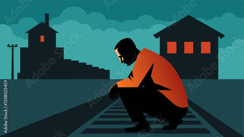 Train Tracks A prisoner crouched near old train tracks awaiting a freight train with the prison buildings faintly visible in the background.