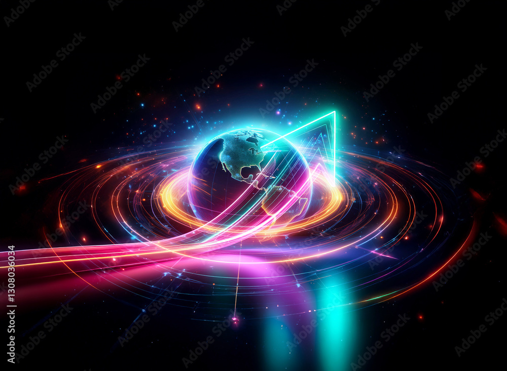 Fototapeta premium Vibrant double exposure of a glowing globe surrounded by light trails and a neon triangle against a dark background, creating a futuristic, dynamic effect.