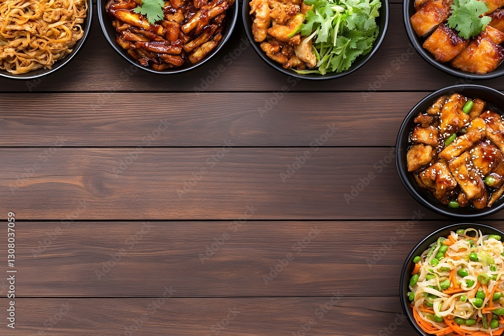 Sumptuous Spread of Authentic Asian Delicacies on Rustic Wooden Table with Warm Lighting and Calming Ambiance Sumptuous Spread of Authentic Asian Delicacies on Rustic Wooden Table with Warm Lighting and Calming Ambiance