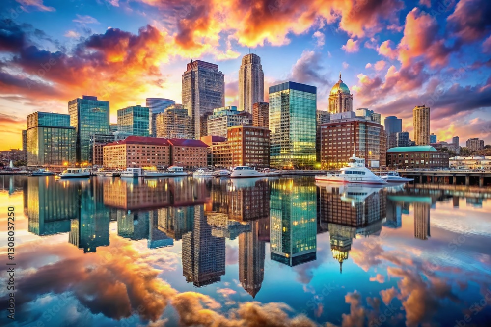 Fototapeta premium Boston Harbor & Financial District Skyline Panorama: Double Exposure