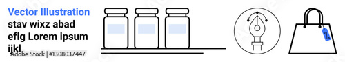 Medicine bottles on a shelf, pen nib symbolizing creativity, shopping bag with tag. Ideal for healthcare, creativity, shopping, e-commerce, product design, branding flat landing page banner