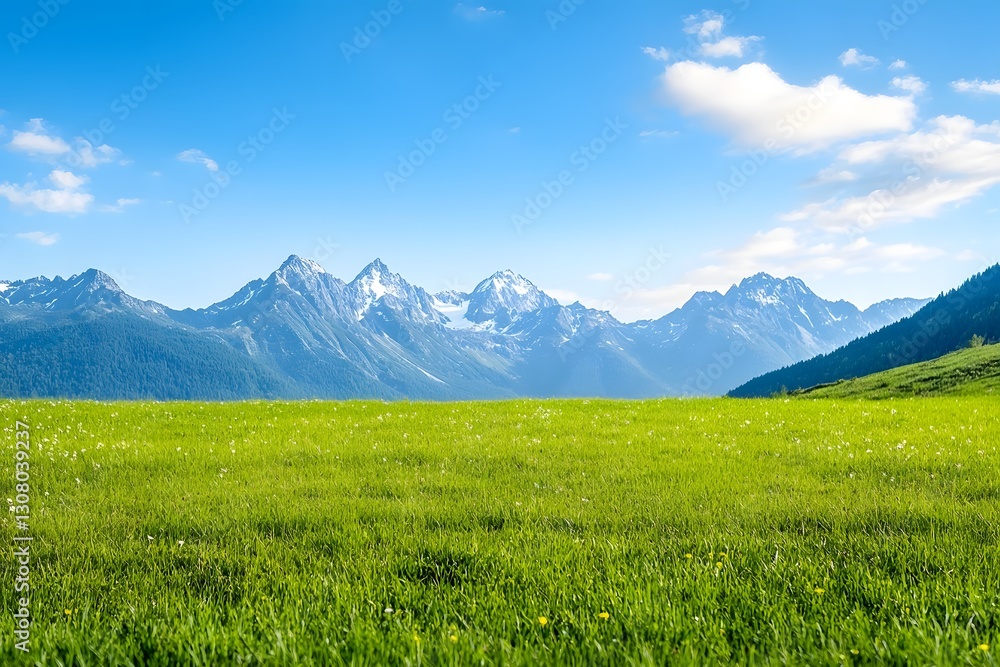 Breathtaking Alpine Meadow with Towering Snow Capped Mountains and Warm Morning Light Breathtaking Alpine Meadow with Towering Snow Capped Mountains and Warm Morning Light