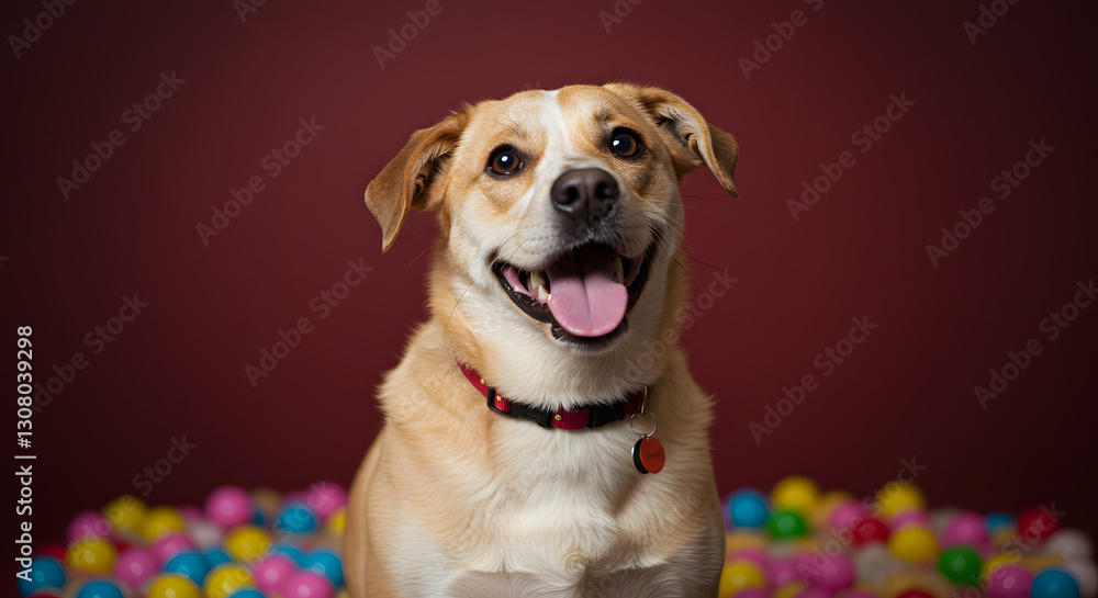 Happy Dog with Red Collar Sitting in Colorful Ball Pit Happy Dog with Red Collar Sitting in Colorful Ball Pit
