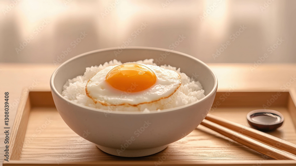 Minimalist Dinner Setup with Steamed Rice and Fried Egg in Modern Bowl on Wooden Tray Minimalist Dinner Setup with Steamed Rice and Fried Egg in Modern Bowl on Wooden Tray