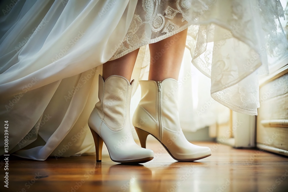 Bride's White Leather Heeled Boots Under Wedding Dress - Elegant Bridal Footwear Bride's White Leather Heeled Boots Under Wedding Dress - Elegant Bridal Footwear