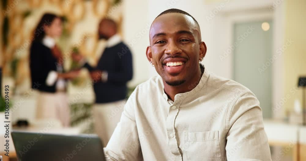 Black man, face and happy with laptop in office, news and proofreading for creative agency. Portrait, male person and journalist with digital for business story, editing and website for publication Black man, face and happy with laptop in office, news and proofreading for creative agency. Portrait, male person and journalist with digital for business story, editing and website for publication