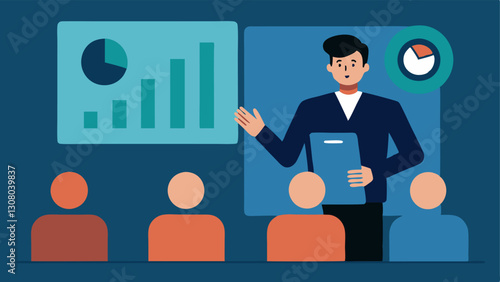 Presenting Findings An investigator confidently presenting findings to a mock audience using visual aids like bar graphs and infographics to explain a data breach incident.