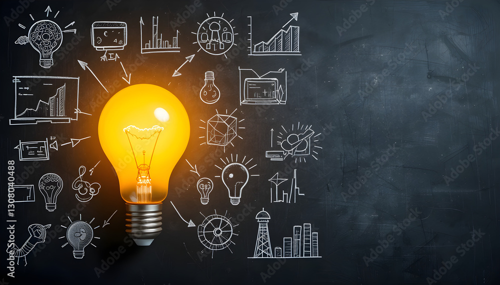 A bright glowing light bulb on a blackboard with hand-drawn graphs and business concepts, representing innovation, success, and strategic planning. A bright glowing light bulb on a blackboard with hand-drawn graphs and business concepts, representing innovation, success, and strategic planning.