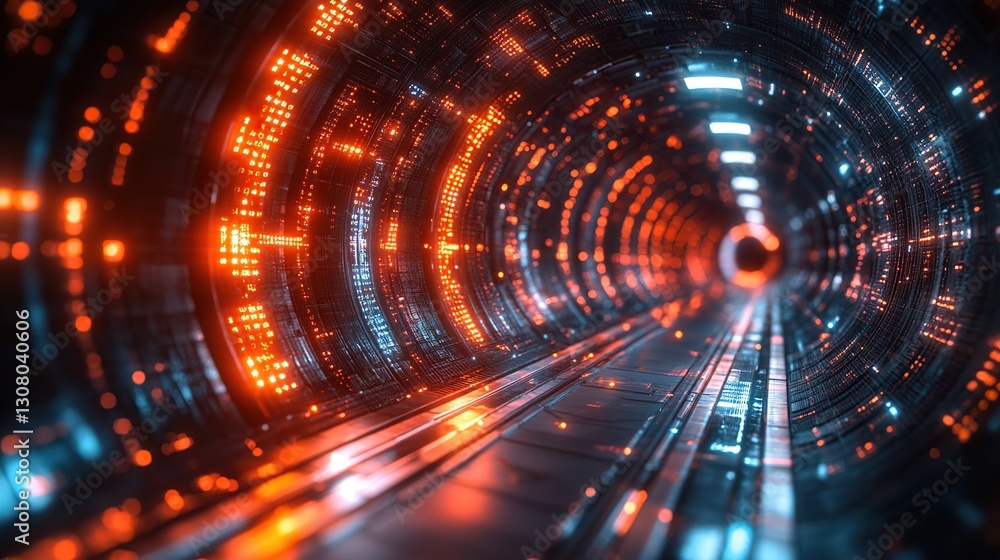 Futuristic tunnel, glowing orange & blue lights, data stream, deep space background Futuristic tunnel, glowing orange & blue lights, data stream, deep space background