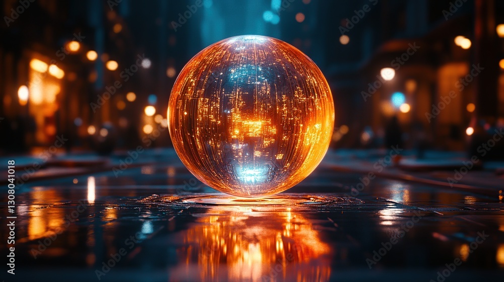 Glowing orb reflecting city lights on wet pavement at night Glowing orb reflecting city lights on wet pavement at night