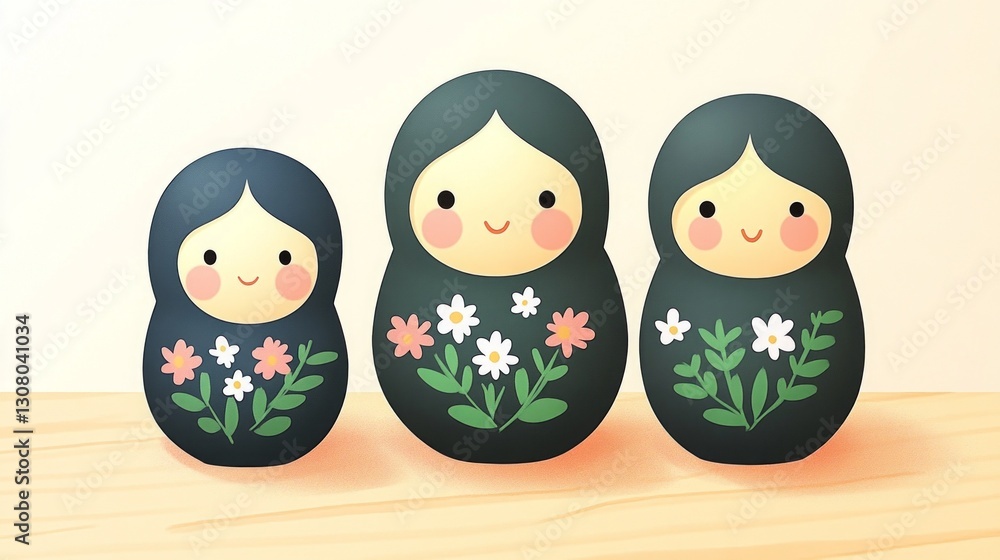 Three adorable nesting dolls, decorated with flowers, sit on a wooden surface. Three adorable nesting dolls, decorated with flowers, sit on a wooden surface.
