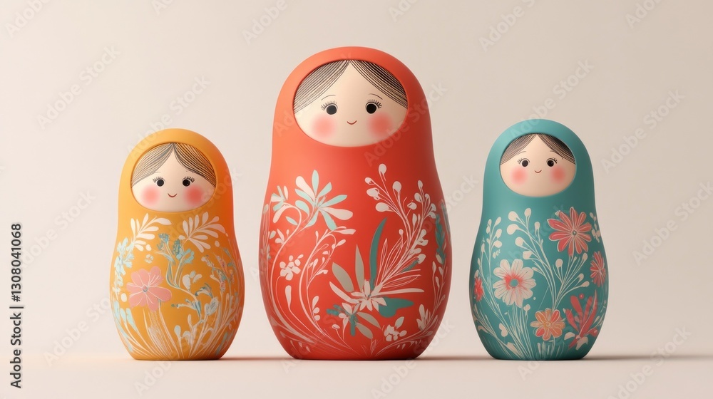 Three nesting dolls, each with a unique floral design and cheerful face. Three nesting dolls, each with a unique floral design and cheerful face.