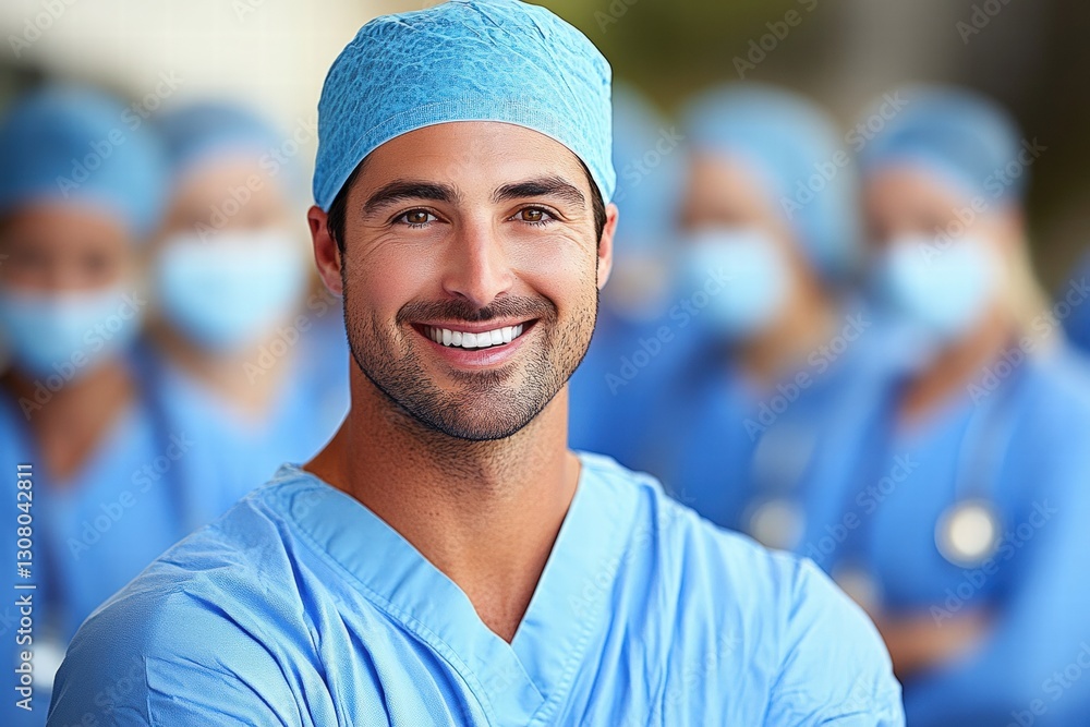 Fototapeta premium Smiling surgeon in scrubs and surgical gear radiating positivity in a medical environment