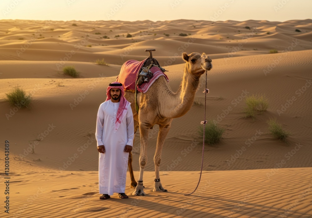 Fototapeta premium Arab Man with Camel in the Desert at Sunset in Dubai
