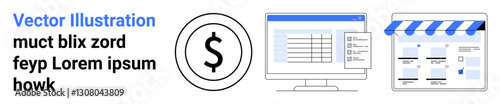 Dollar sign within circle, computer screen showing data table with dropdown menu, online store webpage with striped canopy. Ideal for e-commerce, finance, marketing, online shopping, digital