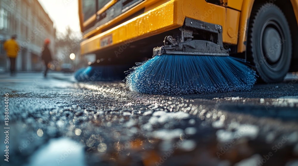 Street Cleaning Machine With Rotating Brushes Cleans The Wet Asphalt Road On A Sunny Day In The City Street Cleaning Machine With Rotating Brushes Cleans The Wet Asphalt Road On A Sunny Day In The City