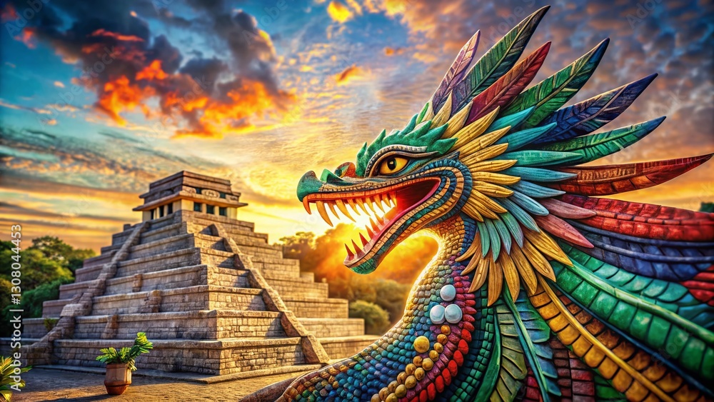 Fototapeta premium Candid Photo: Feathered Serpent Mosaic Above Pyramid - Ancient Art