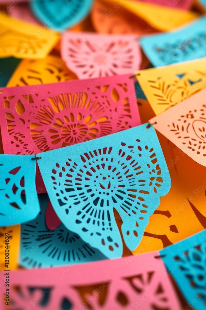 Fototapeta premium Vibrant papel picado banners in a mix of colors and patterns.