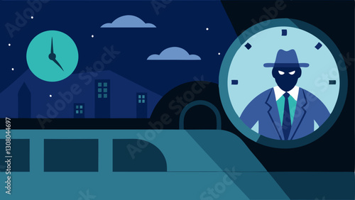 Time Passing A clock on the dashboard indicating latenight hours while the detective remains alert with the exterior windows reflecting moonlight.