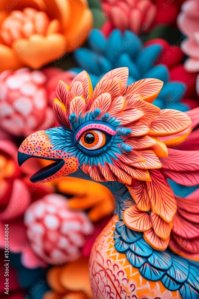 Fototapeta premium Vibrant hand-painted bird figurine, showcasing intricate details and bold colors.
