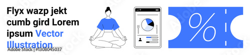 Woman meditating in yoga pose, mobile analytics app with pie chart, and discount ticket design. Ideal for wellness, technology, business, stats, discounts mindfulness offers. Abstract line flat