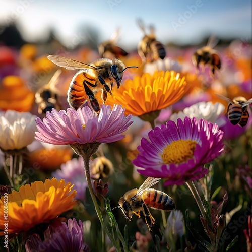 Colorful Pollinators at Work: Bees, Nature, and Blooming Wildflowers in Vibrant Summer Fields