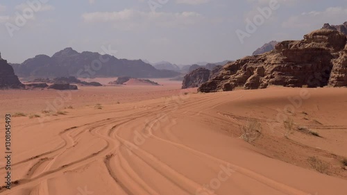 Aerial view of the spectacular rock formations and cliffs in the Wadi Rum National Park Protected Area, Jordan.