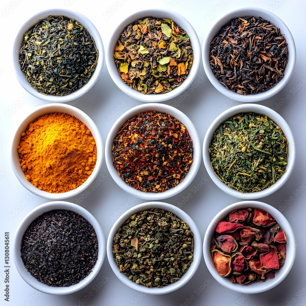 Vibrant Spice and Tea Blend Collection, Flatlay Photo of Nine Bowls Vibrant Spice and Tea Blend Collection, Flatlay Photo of Nine Bowls