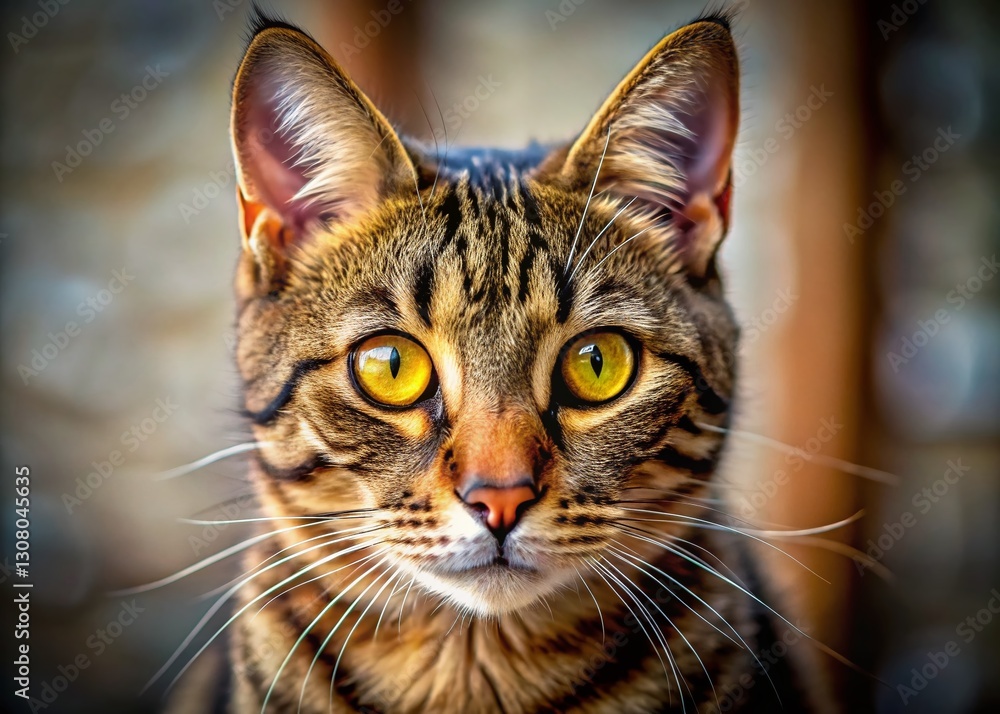 Naklejka premium Captivating Tabby Cat with Striking Amber Eyes - Candid Photo