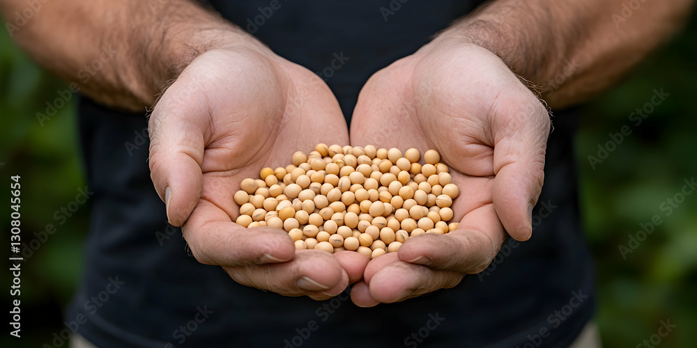 Hands Holding Yellow Soybean Seeds in Natural Outdoor Setting with Green Background Hands Holding Yellow Soybean Seeds in Natural Outdoor Setting with Green Background