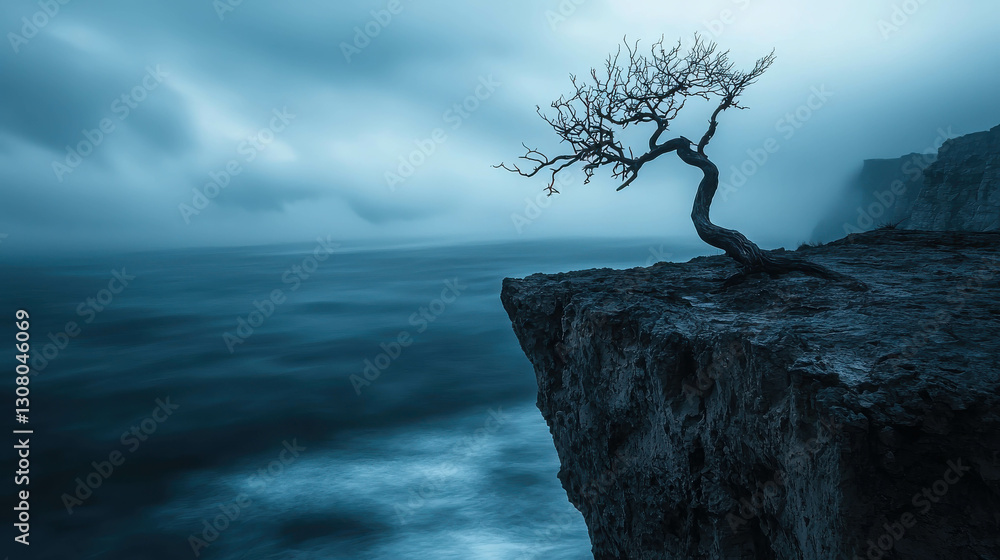 Treacherous Windswept Coastal Cliff with Jagged Rocks and Solitary Tree by the Ocean Treacherous Windswept Coastal Cliff with Jagged Rocks and Solitary Tree by the Ocean