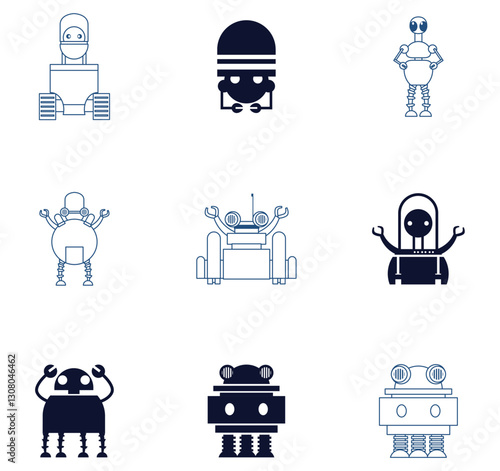 Set of vector icons of robots with white background