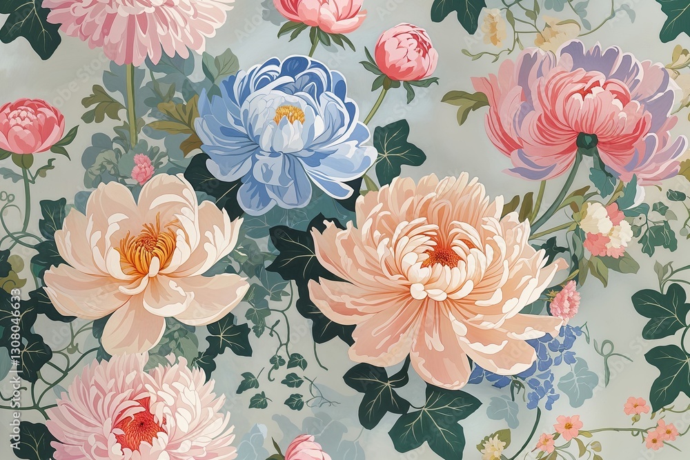 Pastel Floral Arrangement with Chrysanthemum Peony and Ivy on Soft Background Pastel Floral Arrangement with Chrysanthemum Peony and Ivy on Soft Background