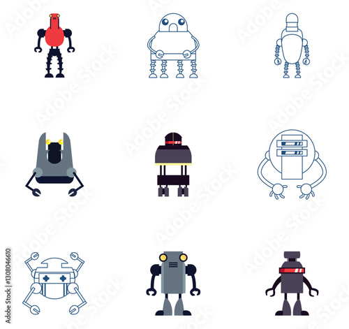 Set of vector icons of robots with white background