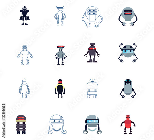 Set of vector icons of robots with white background