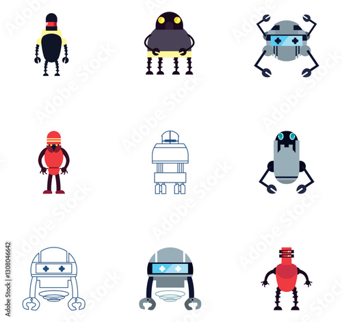 Set of vector icons of robots with white background
