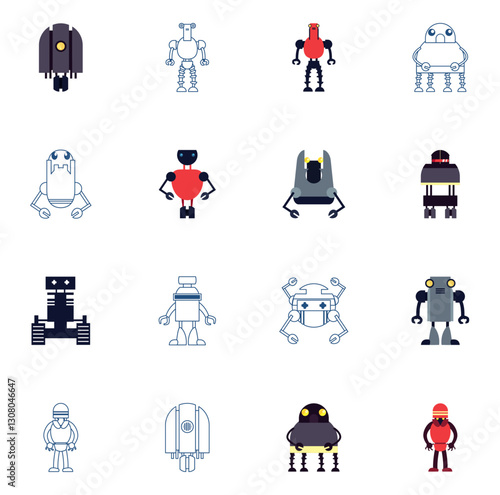 Set of vector icons of robots with white background
